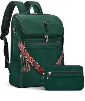 SYTRAH Leather Laptop Backpack for Women Designer Laptop Bag, 16.5 inch Travel Computer Backpacks Purse with Tassel for Work Business with Satchel Purse Green