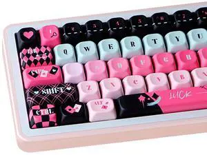 COOMICKEY 142 Key PBT Keycaps, Pink Black Dye-Sublimation Customized Cute Keycap, Poker Theme MOA Profile Keycaps Set for Cherry Gateron MX Switches Mechanical Gaming Keyboards