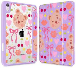 Mektron Printed Case for iPad mini 7 (A17 Pro) 2024/ Mini 6 2021, iPad mini 7th/6th Generation Case, Buit in Pencil Holder with Clear Back Shell + Trifold Stand + Auto Wake/Sleep, Teddy Bow-Purple