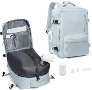 Vacuum Compression Backpack, Travel Vacuum Backpack with Electric Vacpack Pump, Flight Approved Carry On Personal Item Suitcase Luggage for Men Women, Light Blue