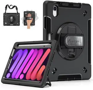 Miesherk Case for iPad mini 7 (A17 Pro) 2024/ Mini 6 8.3'' Military Grade Heavy Duty Shockproof Case with Stand Shoulder Strap Pencil Holder for iPad mini 6th Generation A2567 A2568 A2569 Black