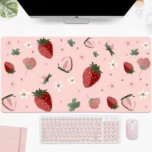 Idocolors Strawberry Pink Desk Mat, Cute Extended Gaming Keyboard Mouse Pad, Large Office Desk Cover Mat Pad Deskmat, Non-Slip Leather Home Office Desk Mat Protector 31.5"×15.7"