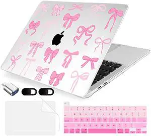 MecBevia Compatible with MacBook Pro 13 inch Case 2022 2021 2020 Release M2 M1 A2338 A2251 A2289, Plastic Hard Shell&Keyboard Cover&Screen Protector&Webcam Cover&Type-C Adapter, Pink Bows