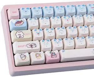 TYRIXKI PBT Keycaps 142 Keys Pink Blue Meow Meow Cat Keycaps Dye-Sublimation Cute Keycap Mao Profile Custom Keycap for Cherry Gateron MX Swithes Mechanical Gaming Keyboards