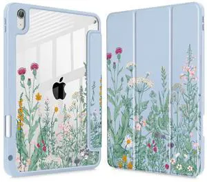 May Chen Case for iPad Air 13 Inch (M3) 2025, (M2) 2024 - [Built-in Pencil Holder] Shockproof Cover with Clear Transparent Back Shell, Auto Sleep/Wake Cover, Herbs Flowers