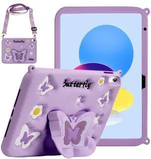 Weuiean Premium Safe Material Silicone 3D Cartoon-Themed Shockproof Case for iPad A16 11th/10th Gen 11"/10.9", with Adjustable Shoulder Strap &Stand, for Women Girls Girly Boys Teens, Purple Butterfly
