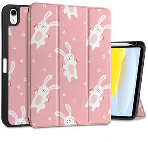 MEEgoodo Case for iPad A16 11th Generation 11 inch 2025/iPad 10th Generation 10.9 inch 2022,Tablet Cover with Trifold Stand + Pencil Holder + Auto Wake/Sleep + Soft TPU Back Cover,Bunnies Jumping Rope