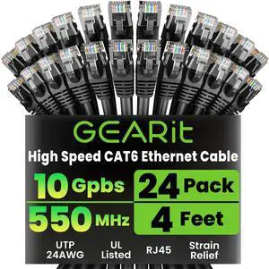 GearIT Cat 6 Ethernet Cable Pack - 24-Pack 4 ft Cat6 Ethernet Patch Cables | RJ45 Network Patch Cable, 10 Gbps Snagless Gold-Plated Connectors - Ethernet Cable Cat 6 for PC, TV, Router - Black