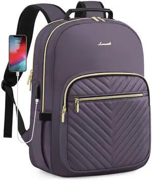 LOVEVOOK Laptop Backpack Purse for Women, Large Capacity Travel Business Computer Work Bag, Quilted Casual Nurse Backpack for Womens, Fit 15.6 Inch Laptop with USB Port, Purple Grey