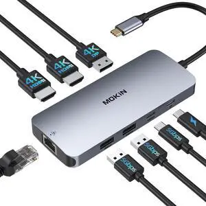 USB C Docking Station for 3 Monitors, 8 in 1 Docking Station Dual HDMI, Triple 4K Display with 2 HDMI and 1 Displayport, 1 Gbps Ethernet, 100W PD Charging, 3 USB 3.0 Ports for Dell, HP (Beige)