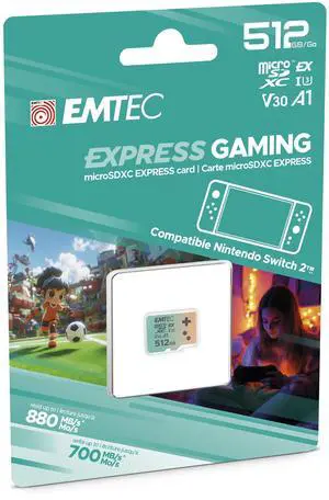 EMTEC Express Gaming microSD, microSD Express 7.1 PCIe NVMe, Up to 880MB/s Read, 700MB/s Write, SSD-Level Speed for Nintendo Switch 2, Consoles, 4K UHD (Teal, 512, GB)