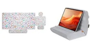 MOSISO Tablet Pillow Stand,Soft Tablet Holder for Lap,Tablet Soft Pad Dock with Pocket&Stylus Slot&4 Viewing Angles&Gaming Mouse Pad&Massage Keyboard Wrist Rest Set, Gray&Fish Bones&Paw Prints