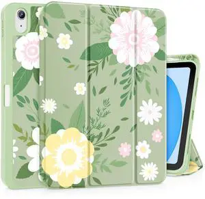 Tuiklol Case for iPad 11 inch (A16 Chip) 2025 Generation 11th / iPad 10.9 inch 2022 10th Gen,Slim Stand Hard Case Pencil Holder with TPU Back Cover & Trifold Stand & Auto Wake/Sleep, Flowers Green