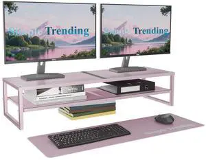 Simple Trending 2 Tier Metal Dual Monitor Stand Riser, Computer Office Desktop Organizer for 2 Monitors with 32"x10" Mouse Pad for Laptop, Printer, TV, Pink