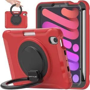 BATYUE Case for iPad mini 7 (A17 Pro) 2024/ Mini 6 8.3'' 2021,Full-Body Shockproof Protective Case for Kids with 360° Rotating & 180° Folding Stand, Handle& Pencil Holder| Red