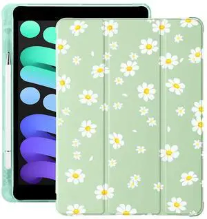 Cute Floral Flower for iPad (A16) 11th Generation Case 11 Inch 2025, for iPad 10th Generation Case 10.9 Inch 2022 with Pencil Holder, Auto Sleep/Wake, Green Leather Soft TPU Back Cover