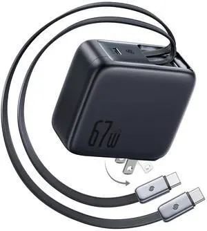 Baseus Enercore CJ21 67W USB C Charger, 3 in 1 Fast Charging Block with 2 Retractable Cable & Foldable Plug, PD/PPS for Galaxy S25/iPhone 17/16/15 Series/MacBook Air/Airpods 4