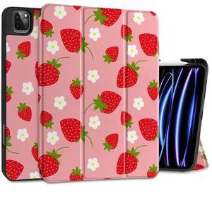 MEEgoodo Case for iPad Pro 12.9 Case M2 6th/5th/4th/3rd Generation 2022 2021 2020 2018, Protective Tablet Cover with Soft Back Shell for Kids, Strawberries & Flowers