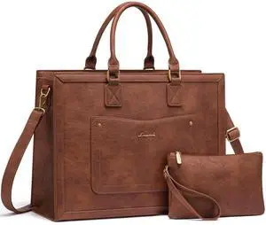 LOVEVOOK Laptop Tote Bag for Women, 15.6 Inch Work Bags, PU Vintage Leather Tote Bag, Waterproof Computer Bags with Clutch Purse, Large Capacity Messenger Bag for Teacher College Business Office