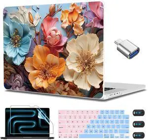 CISSOOK Compatible with MacBook Pro 14 inch Case 2025 2024 2023 2022 2021 Release M5 M4 M3 M2 M1 Chip, Floral Hard Shell Case + Keyboard Cover Screen Protecor, Silk Flowers