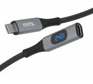 Plugable USB C Extension Cable 3.3 Ft, Digital Power Meter Tester for Monitoring USB-C Connections, Supports Fast Charging up to 240W, 4K 60Hz Display, 10Gbps Data, Digital Multimeter Tester
