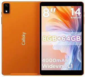Callsky-Tab Android Tablet 8 Inch, 12(4+8) GB RAM, 64GB ROM(2TB Expandable), Octa-Core, Wi-Fi 6 & Bluetooth 5.4, Dual Speakers, Metal Body, 6 FT Charging Cable, Reinforced Type-C Port, Orange