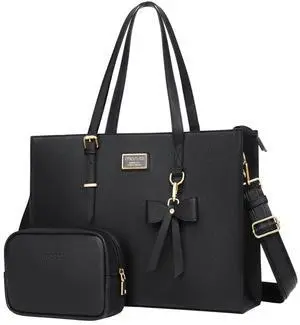 MOSISO Laptop Tote Bag for Women, 15.6 inch Large Capacity PU Leather Handbag Shoulder Professional Computer Bag Work Briefcase Messenger for Business Teacher Office with Bowknot & Small Purse, Black