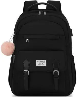WINDARS Student Laptop Backpack for College Teen Girls, Cute Middle High School Bag Women Bookbag Large Travel Back Pack Fit 15.6 Inch Laptop (Black)