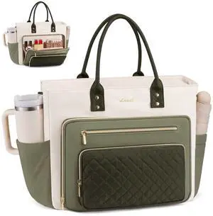 LOVEVOOK Teacher Tote Bag for Women Work, Laptop Bag With Large Cup Holder, Nurse Bags Professional Briefcase Business Computer Purses Handbag,Light Green-Beige-Olive Green,15.6 Inch