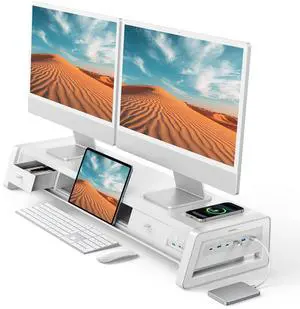Vaydeer All-in-One Dual Monitor Stand Riser with 2 Drawers, 8USB Ports and Wireless Charging Pad with LED Light Strip for 2 Monitors , Desk Organizer for PC, iMac (Metal, 39.3 inches)-White