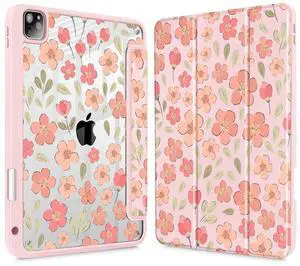 May Chen Case for iPad 12.9 Inch (6th/5th/4th/3rd Generation, 2022/2021/2020/2018), Pencel Holder + Trifold Support Auto Sleep/Wake, Transparent Shockproof Back Cover, Pink Small Flowers