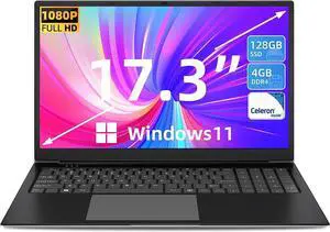SGIN Laptop 17.3 Inch, Windows 11 Notebook Celeron I3 Processor, 4GB DDR3 128GB SSD, FHD IPS Display, HDMI, Type-C, Numpad, for Business and Students