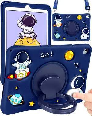 Wazzasoft for iPad 6th Generation/iPad Air 2/Pro 9.7 Inch Case Boys Cute Astronaut Cover Kawaii 3D Cartoon Rotating Handle Stand+Strap Silicone Funda for Apple iPad Cases 6th Gen/ Air2/ Pro9.7