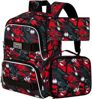 3Pcs Boys Backpack, 17 Inches School Bookbag Set for Teens College Students, Graffiti Laptop Backpacks with Lunch Box (Red)
