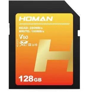 HOMAN 128GB Extreme SDXC Memory Card, UHS-II, U3, V60,4K UHD Video, Up to 280MB/s Read,for Professional Vloggers, Filmmakers, Photographers & Content Curators