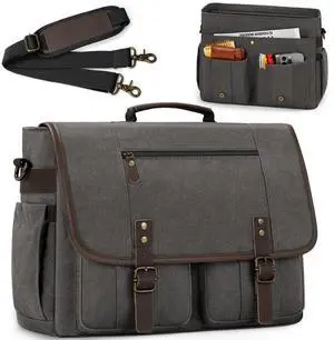 RAINSMORE Mens Messenger Bag 17-17.3 Inch Vintage Canvas Briefcase Water-resistant Large Computer Laptop Bag Rugged Satchel Shoulder Bag for Work Travel, Bookbag for College