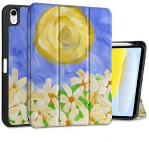 MEEgoodo Case for iPad A16 11th Generation 11 inch 2025/iPad 10th Generation 10.9 inch 2022, Tablet Cover with Trifold Stand + Pencil Holder + Auto Wake/Sleep + Soft TPU Back Cover, Summer Flowers