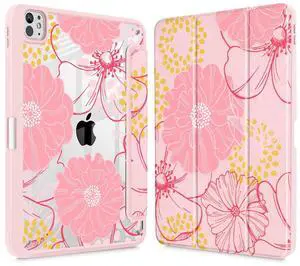 May Chen Case for iPad Pro 11-Inch M5/M4 2025/2024 (6th/5th Generation), Clear Transparent Print Back Shell Slim Stand Shockproof Tablet Cover, Auto Wake/Sleep, Pink Flowers