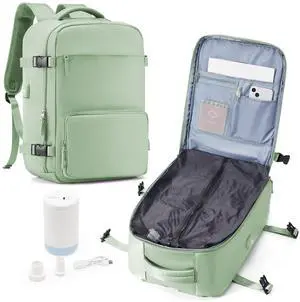 suwasp Vacuum Compression Travel Backpack with Electric Vacpack Pump, Vacuum Backpack Carry on Flight Approved, Personal Item Travel Storage Space Saver Bags for Women Men, Light Green