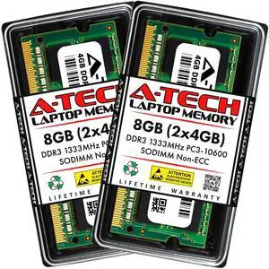 A-Tech 8GB (2x4GB) DDR3 1333MHz PC3-10600 CL9 SODIMM 204-Pin Non-ECC SO-DIMM Laptop, Notebook RAM Memory Modules