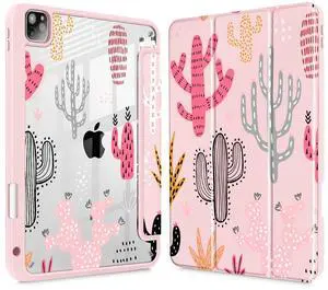 Tuiklol for iPad Pro 11 Inch Case M2 2022 Generation 4th -Built-in Pencil Holder Shockproof Cover Clear Transparent Back Shell Fit for iPad 11 2021 2020 2018 Gen 3rd/2nd/1st for Kid, Cactus
