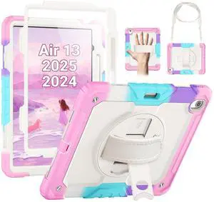 SEYMAC for iPad Air 13 Inch Case M3 2025/ M2 2024, Heavy Duty Shockproof Protective Case with Screen Protector, Rotating Stand, Hand/Shoulder Strap and Pen Holder for iPad Air 13, Colorful Pink