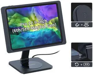 EMONITA Foldable Magnetic Stand with Charging Case A10 for iPad Pro (6th / 5th / 4th / 3rd Generation) 12.9-Inch. Strong Magnets, 360 Rotation, 90 Tilt, 45W Fast Charger Adapter USB C Cable Included