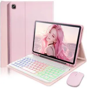Keyboard Case for Samsung Galaxy Tab A7 10.4 inch 2020 Cover - 7 Color Rainbow Change Backlit Detachable Magnetic Keyboard with S Pen Holder with Mouse - Pink
