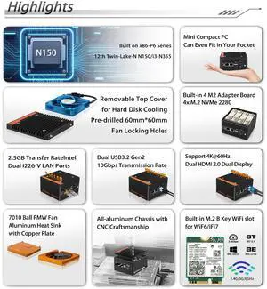 SPARKFLY N150 NAS Mini PC X86 CWWK P6 4M.2 NVMe Slots, DDR5 (Up to 48GB), Dual 4K Displays, Dual 10Gbps USB 3.2, Dual Ethernet Ports, Firewall Router