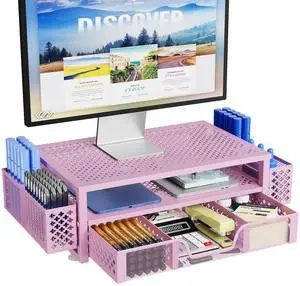 Simple Trending 2 Tier Metal Monitor Stand Monitor riser and Computer Desk Organizer with Drawer and Pen Holder for Laptop, Computer, iMac, Pink
