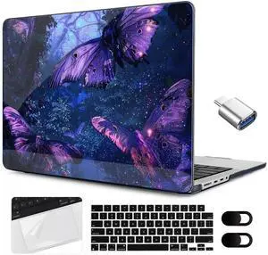 MEEgoodo Compatible with MacBook Pro 14 inch Case (M5/M4/M3/M2/M1) 2025 2024 2023 2021, Case Fit Model A3434/A3112/A3401/A3185/A2918/A2992/A2779/A2442 Pro/Max, Purple & Blue Butterflies