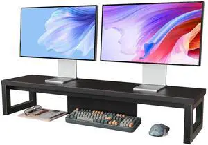 HEWORLIF Dual Monitor Stand Riser, Wood and Steel Monitor Stand for Desk, Multi-Purpose Desk Shelf Organizer for Computer, Laptop, Printer, TV, Black