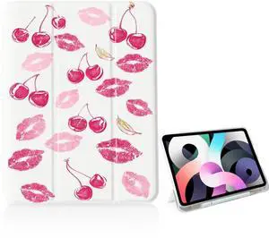Girly Pink Cherry Lips Case for iPad 11 inch (A16 Chip) 2025 Generation 11th/iPad 10.9 inch 2022 10th Gen with Pencil Holder and Auto Sleep/Wake,White Leather Soft TPU Back Shell Stand Cover
