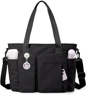 Marscamd Nurse Tote Bag with Crossbody Strap, 9-Pocket Clinical Bag for Nursing Students with Laptop Sleeve, Bag for Work, School, Teacher, Black